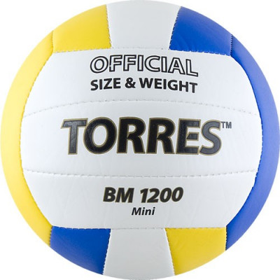 Мяч волейбольный сув. TORRES BM1200 Mini, V30031, р.1, диам. 15 см синт. кожа (ТПУ),маш.сш,бел-син-желт