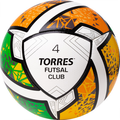 Мяч футзальный TORRES Futsal Club, FS323764, р.4, 10 пан. 4 под. сл, гибрид. сш. бело-зел-оранж