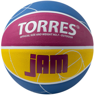 Мяч баскетбольный TORRES Jam, B023127, р.7, резина, нейлон. корд, бут. кам., син-желто-малиновый