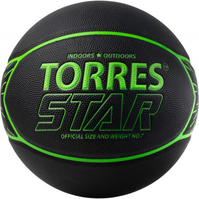 Мяч баскетбольный TORRES Star, B323127, р.7, 7 панел.,ПУ-композит, нейлон. корд, бут.кам., черно-зеленый
