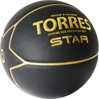 Мяч баскетбольный TORRES Star, B32317, р.7, 7 панел.,ПУ-композит, нейлон. корд, бут.кам., черно-золотой