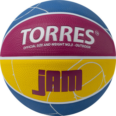 Мяч баскетбольный TORRES Jam, B023123, р.3, резина, нейлон. корд, бут. кам., син-желто-малиновый
