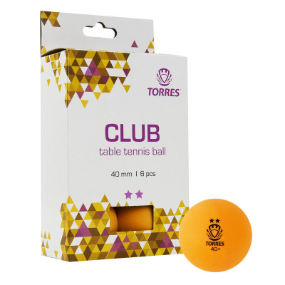 Мяч для наст. тенниса TORRES Club 2*, TT21013, диам. 40+ мм, упак. 6 шт, оранжевый