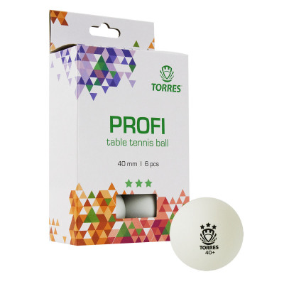 Мяч для наст. тенниса TORRES Profi 3*, TT21012, диам. 40+мм, упак. 6 шт, белый