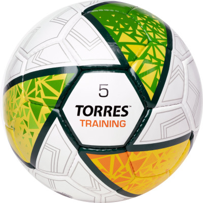 Мяч футбольный TORRES Training, F323955, р.5, 32 пан. 4 подкл. слоя, руч. сшивка, бело-зел-жёлт