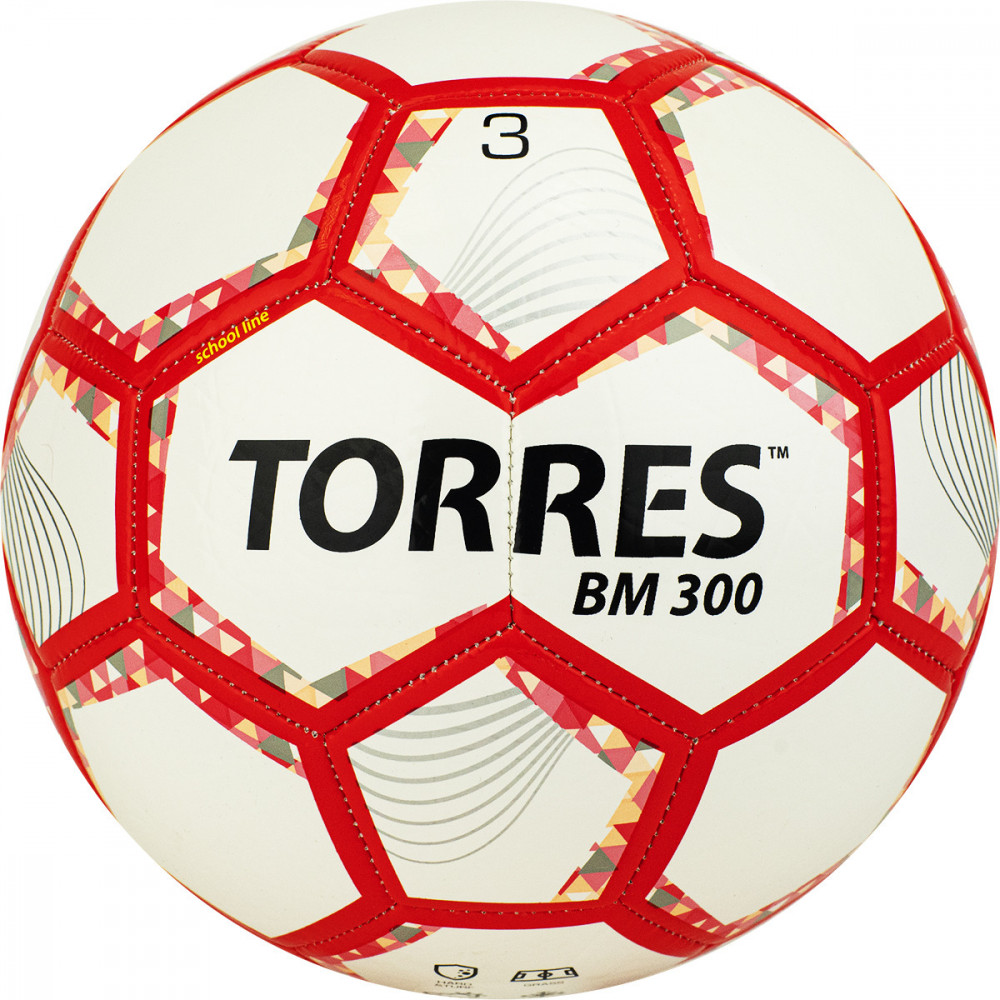 СЦ*Мяч футбольный TORRES BM 300, F320743, р.3, 28 пан.,гл.TPU,2 подк. слой, маш. сш., бело-серебр-крас.