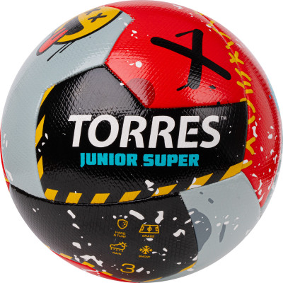 Мяч футбольный TORRES Junior-3 Super, F323303, р.3,ПУ,4 сл, 12 п,гибрид.сш, крас-чёрн-сер