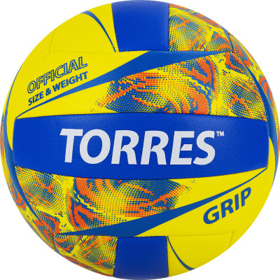 Мяч волейбольный TORRES Grip Y, V32185, р.5, синт.кожа (ТПУ), маш. сшивка, бут.камера,желто-синий