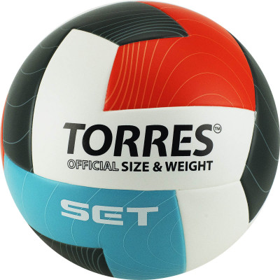 Мяч волейбольный TORRES Set, V32045, р.5, синт.кожа (ТПУ), клееный, бело-оранж-серо-голубой