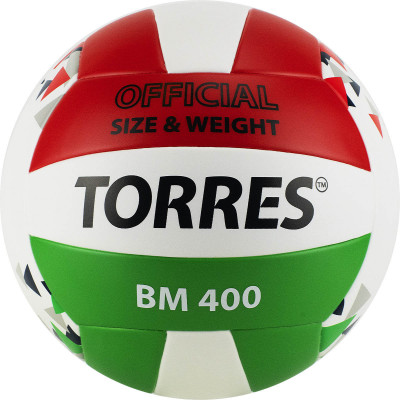 Мяч волейбольный TORRES BM400, V32015, р.5, синт. кожа (ТПУ), клееный, бут.кам., бело-крас-зелен