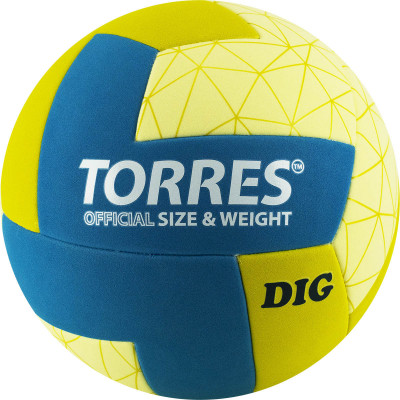 Мяч волейбольный TORRES Dig, V22145, р.5, синт.кожа (ТПЕ), клееный, горчично-бирюзово-бежевый