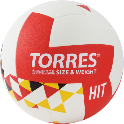 Мяч волейбольный TORRES Hit, V32055 р.5, синт.кожа (ПУ), клееный, бело-красно-мультколор