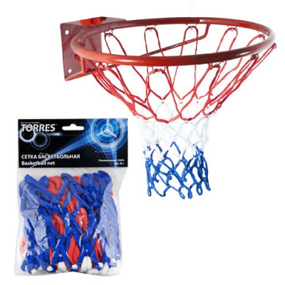 Сетка баскетбольная TORRES, SS11050, ПП, 4мм, дл. 0,55 м, вес 50 г, красно-бело-синяя