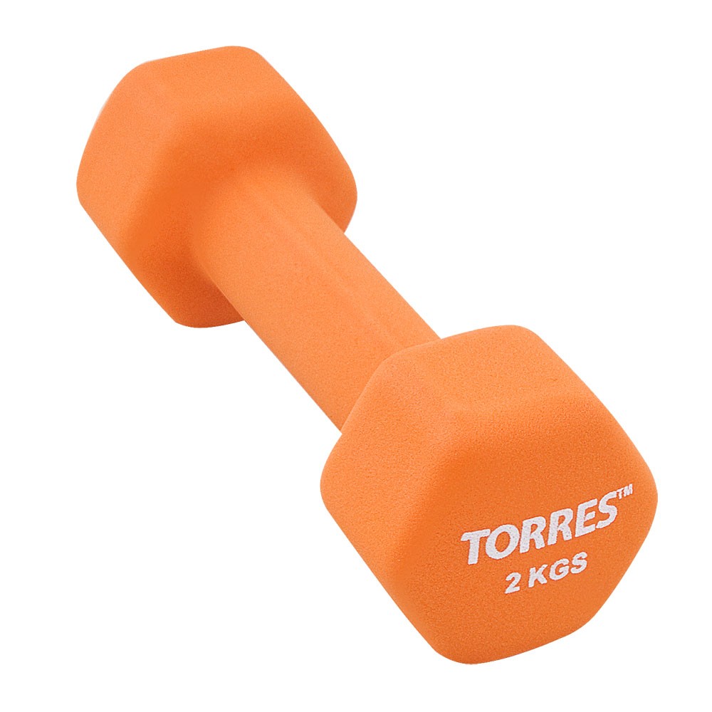 Гантель TORRES 2 кг, PL55012, металл в неопреновой оболочке, форма шестигранник, оранжевый