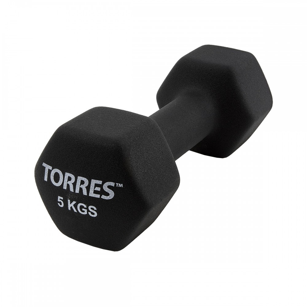 Гантель TORRES 5 кг, PL55015, металл в неопреновой оболочке, форма шестигранник, черный